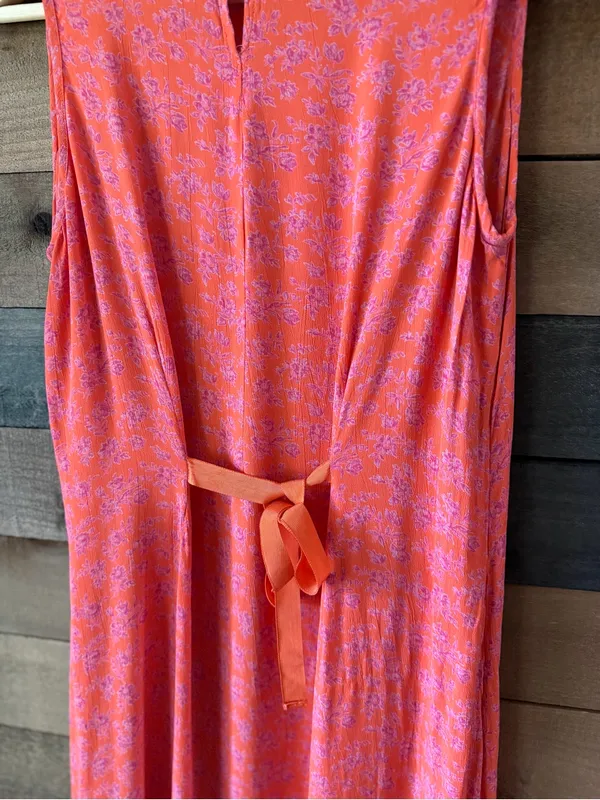 Vintage Floral Maxi Dress Coral Pink Sleeveless Tie Back Boho Medium - Image 6