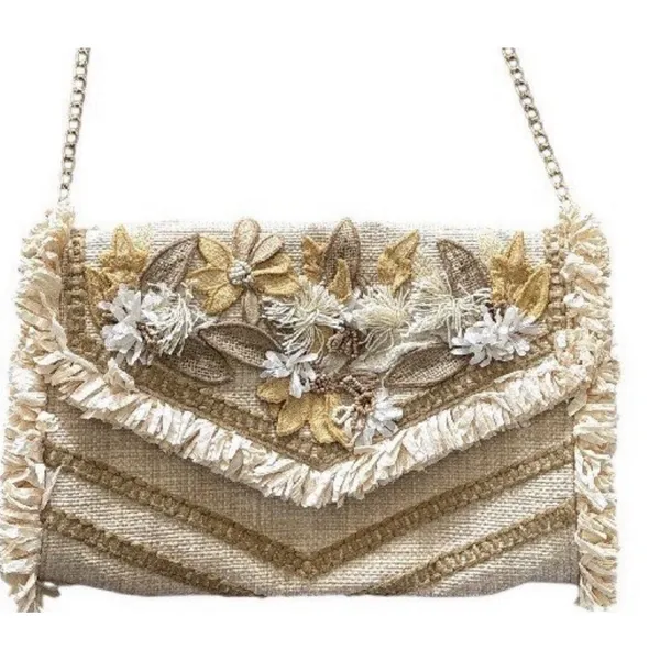 Chico's Embellished Floral Straw Envelope Clutch Purse Crossbody Chain Strap - Image 2