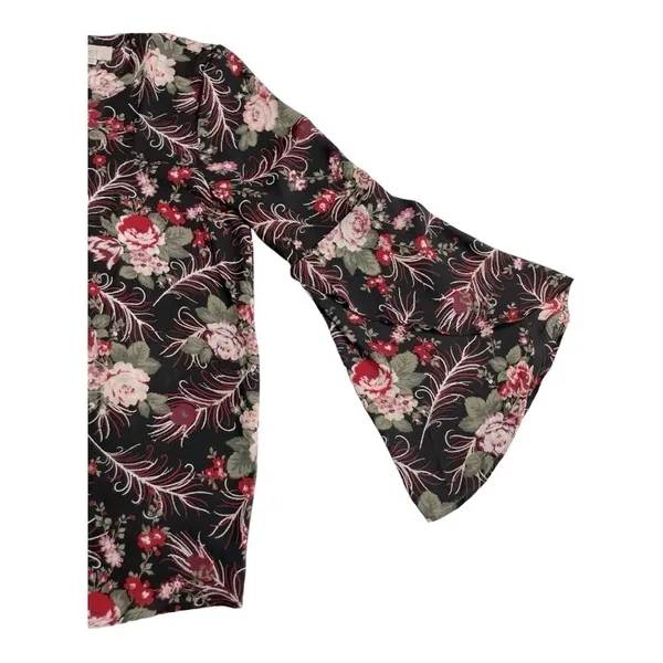 LOFT Black Floral Bell Sleeve Blouse Size M - Image 8