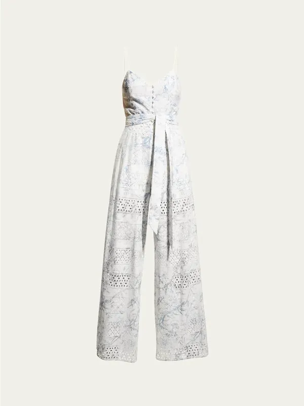 Alice + Olivia Shanti Blue & White Floral Toile Eyelet Wide Leg Jumpsuit XS 0/2 - Image 9