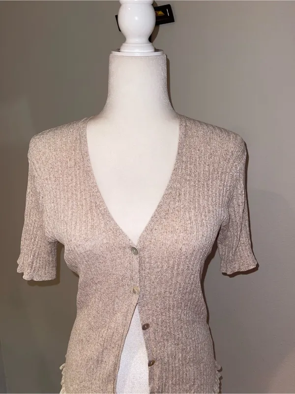 Ribbed Short-Sleeve V-Neck Sweater Cardigan - Cream - Image 2