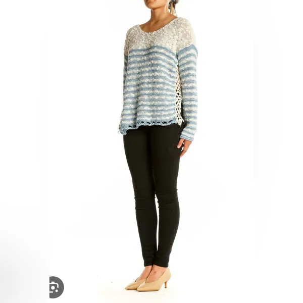 Free People Blue and Cream Striped Sweater - Image 2