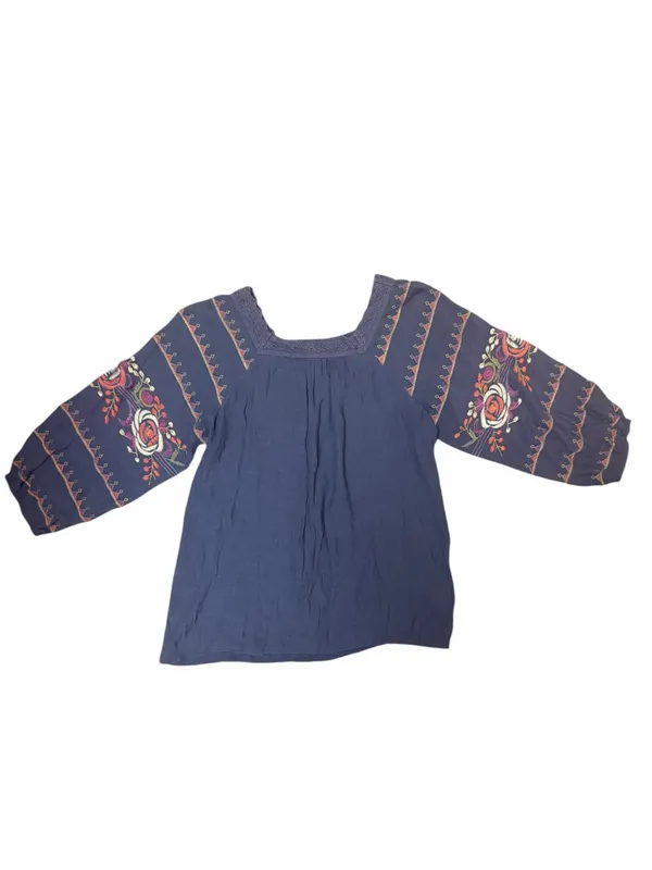 Entro Small Navy Embroidered Boho Peasant Blouse Balloon Sleeve Top Folk - Image 2