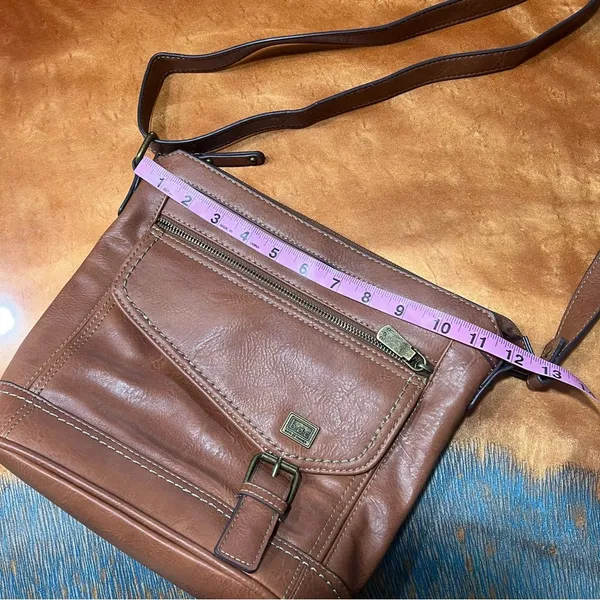 Born boc brown leather shoulder bag contrast stitching brass details - Image 10