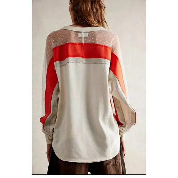 We The‎ Free Roadside Tee Orange Cream Pullover Swiss Dot Mesh Balloon Sleeves - Image 2