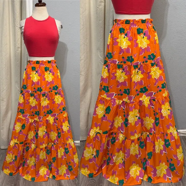 Lulus 100% Cotton‎ Maxi Skirt M Orange Floral Tiered High Waist Boho Summer - Image 3