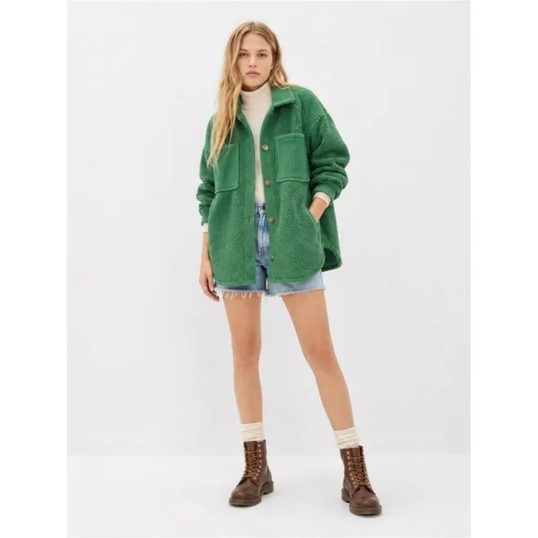 American Eagle Teddy Shacket Jacket Women’s L Green Button Front Cozy Overshirt - Image 2
