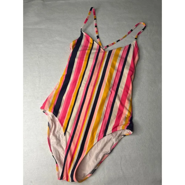 Aerie‎ Women Striped One Piece Swimsuit Multi Color V-Neck Strappy Back Medium - Image 3