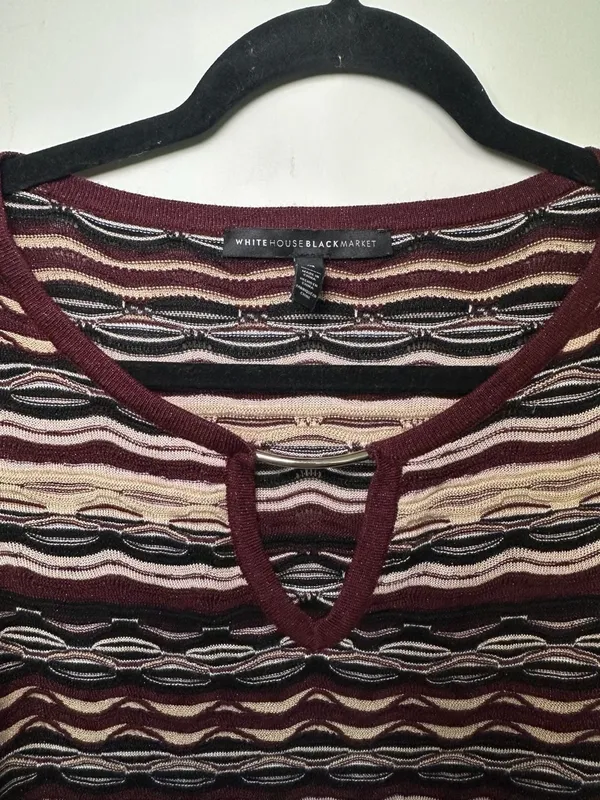 White House Black Market Striped Keyhole Knit Tunic Sweater Maroon Black Size M - Image 3