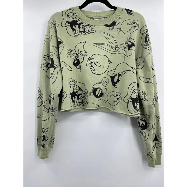 Looney Tunes Womens Bugs Bunny Daffy Duck Green Cropped Sweater Medium - Image 9