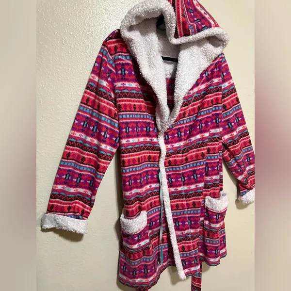 Holiday Time Cozy Holiday Hooded Fleece Robe Sherpa Lined Plush Lounge Wrap | Pink Belted 2X - Image 4