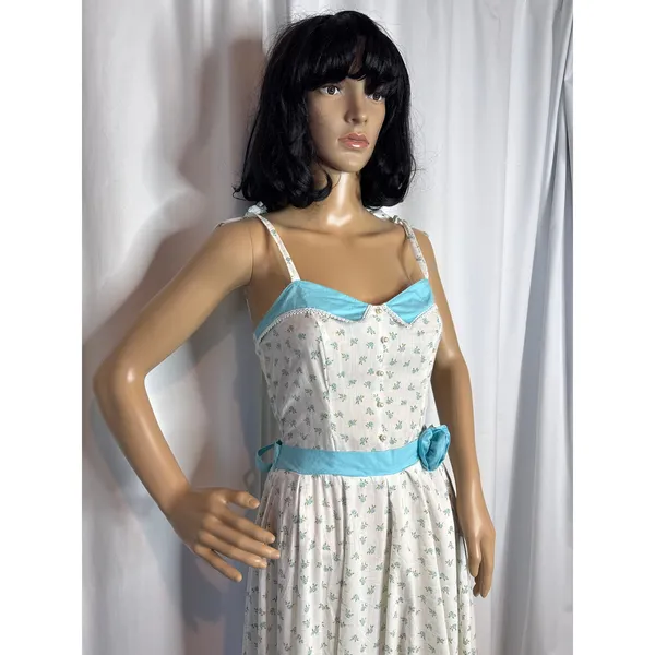 Vintage 1960s White Blue Floral Prairie Maxi Dress XS/S Talon Zip Circular - Image 12