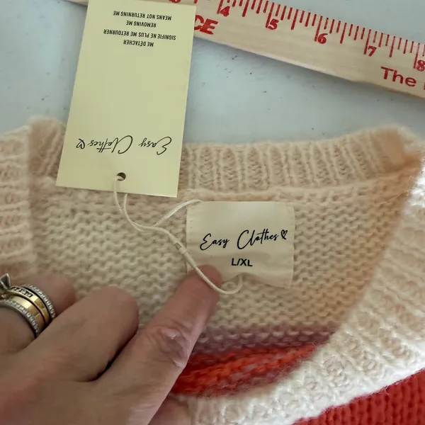 Striped Mohair Wool Blend Sweater Coral Cream‎ Oversize Coastal Airy L/XL NWT - Image 3