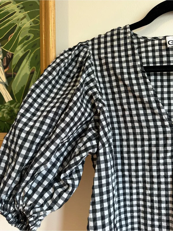 Ganni Seersucker Check Plaid Balloon Sleeve Blouse Womens 36 4 Black White - Image 6