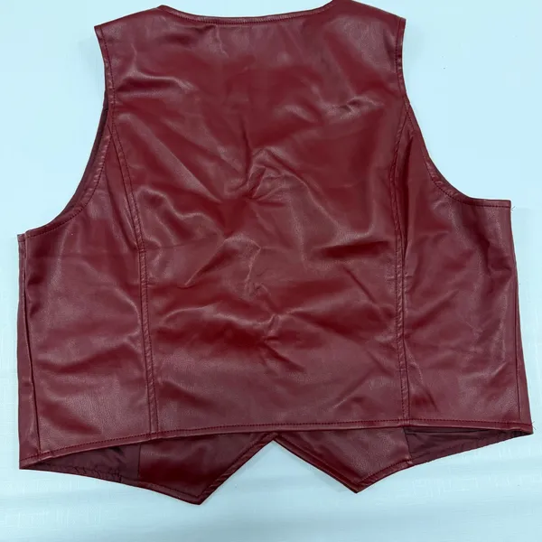 Burgundy Red Faux Leather Vest Button Front V-Neck Waistcoat with Pockets Large - Image 3