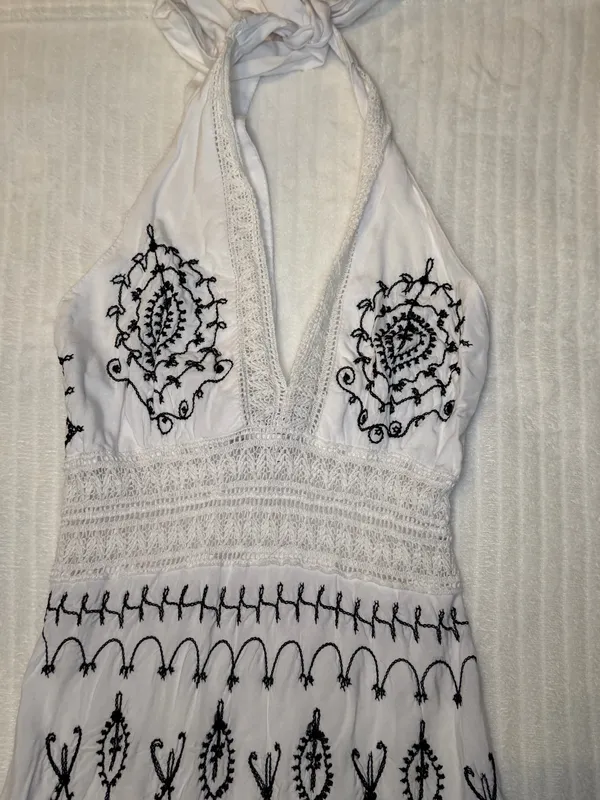 VTG Uluwatu Bali Handmade Lace Embroidered Halter Maxi Dres Size S Boho - Image 7