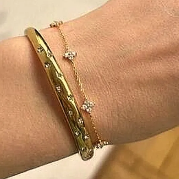 Boutique NEW Heavy 18k Gold Simulated Diamond Stars Bangle Cuff Bracelet‎ Sz Adjustable - Image 2