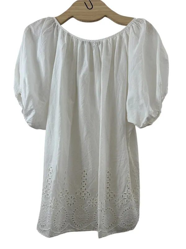 VELVET White Eyelet Romantic Feminine Puff-Sleeve Blouse Peasant Top L - Image 4