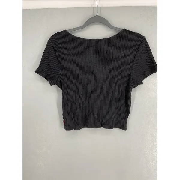 Levi's Womens Crop Top Black Ribbed Button Front Scoop Neck Large - Image 3