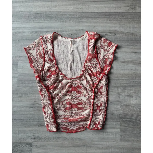 Free People Oh My Baby Mesh Tee L NWOT Sheer Y2K Fairy Grunge Top Red Floral - Image 4