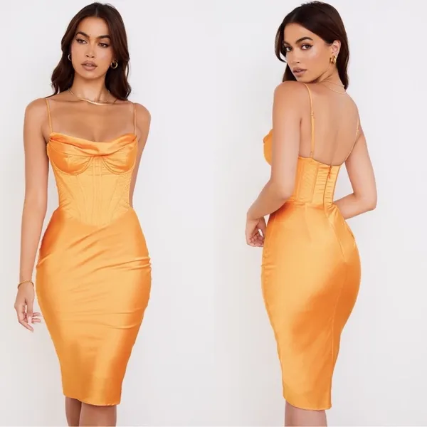 NWOT House of CB Myrna Satin Corset Orange Midi Dress sz XS - Image 5