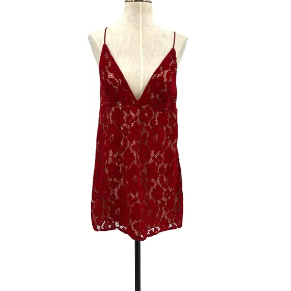 Free People Dangerous Love Lace Mini‎ Dress Red V Neck Low Back US 4 - Image 3