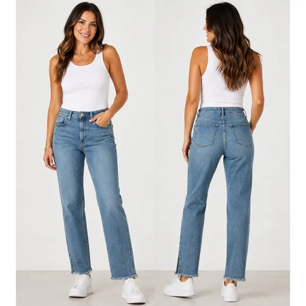Free People We The Free Straight Leg Jeans Medium Wash Raw Hem Side Slit Size 30 - Image 2