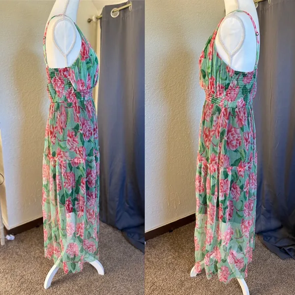 Lapis Womens‎ Floral Pleated Mesh Maxi Dress Pink Green Smocked Waist Medium - Image 3