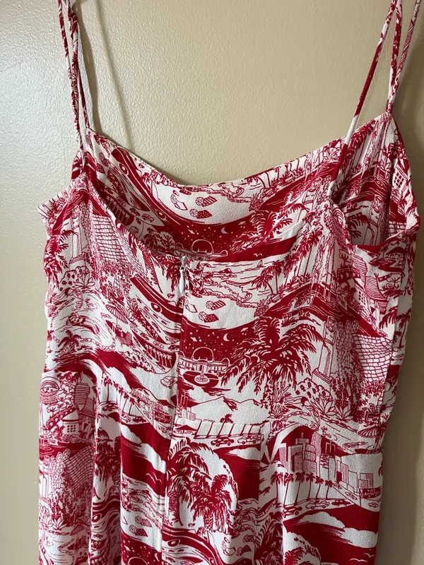 Reformation Sarah Red & Cream Los Angeles LA Printed Spaghetti-Strap Mini Dress - Image 7