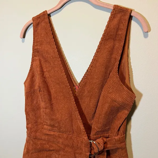 Lulus Rust Orange Corduroy Wrap Romper D-Ring Belt Pockets Medium NWT - Image 3