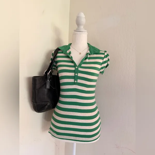 Y2K Old Navy Green and White Striped Polo 100% Cotón  - Image 2