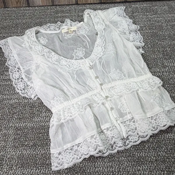 Willow + Root White Lace Flutter Peplum Blouse Sheer Boho Top Medium  167 - Image 3
