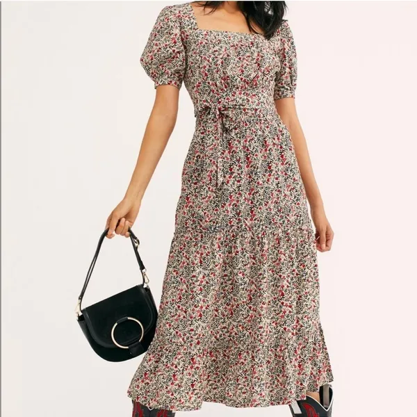 Free People Heartlands Floral Puff Sleeve Tiered Cotton Midi Maxi Dress Size S - Image 8