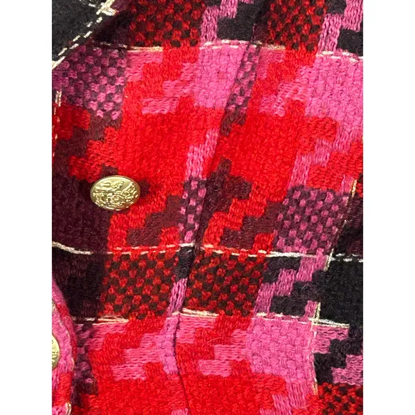 Anthropologie Exploded Plaid Tweed Blazer Medium Red Pink Gold Button Jacket - Image 7