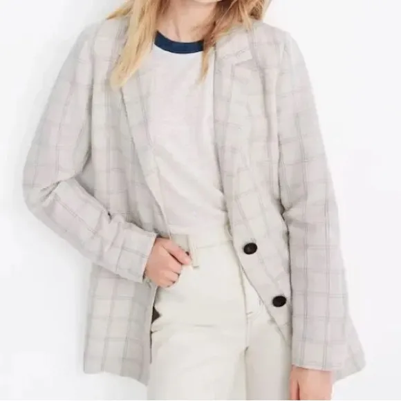 Madewell‎ Dorset Linen Cotton Windowpane Tan Blue Two Button Blazer - Image 3