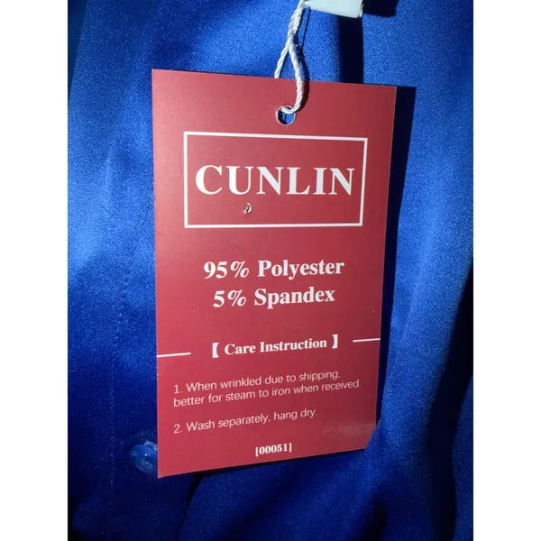 Cunlin Womens Royal Blue Satin Button Down Blouse Long Sleeve Stretch Shirt S - Image 3