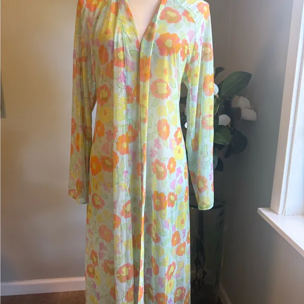 Savage X Fenty FREE SPIRIT FLORAL FULL-LENGTH‎ ROBE pink yellow small sheer NWT - Image 9