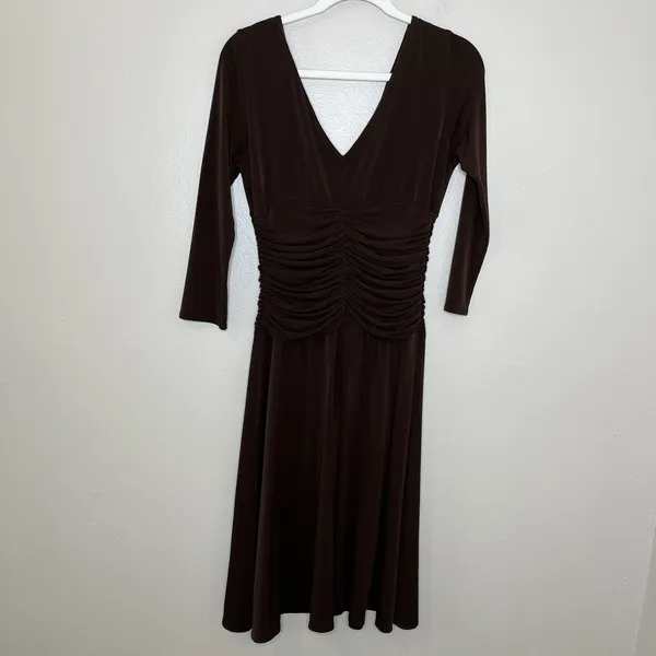 Women's‎ Y2K Vtg Dress Espresso Chocolate Brown Ruched V Neck Twee Babydoll Sz 6 - Image 6