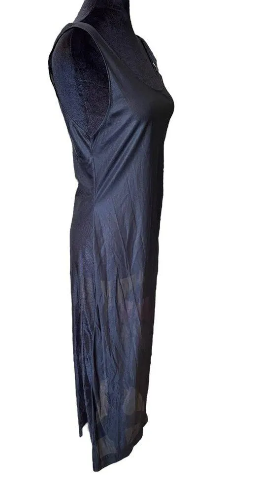 Vintage 90s Black Sheer Silky Satin Goth Grunge Lingerie Intimates Midi Dress - Image 2