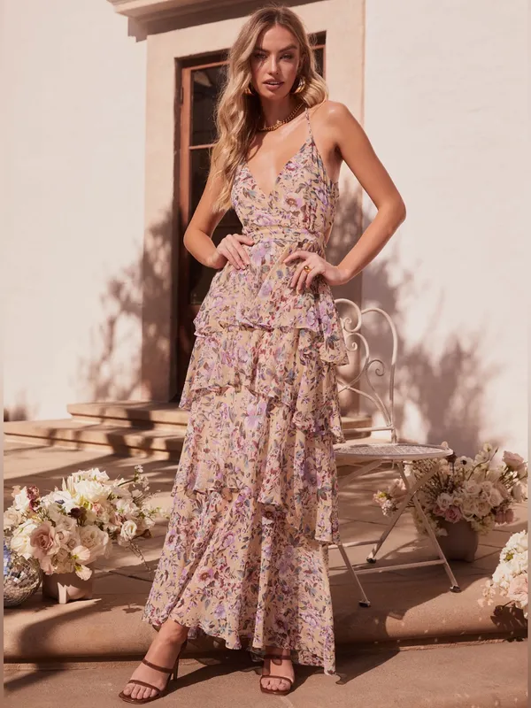 ASTR the Label Rosanna Floral Tiered Maxi Dress Small Wedding Guest Open Back - Image 3