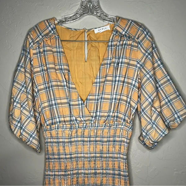 Mable Southern Peach Plaid Deep V Neck Smocked Skirt Puff‎ Sleeve Mini Dress - Image 3