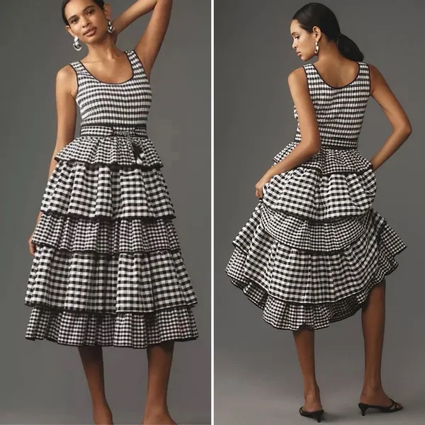Hunter Bell Andrea Dress Black White Gingham Tiered Midi Size 6 NWT - Image 2