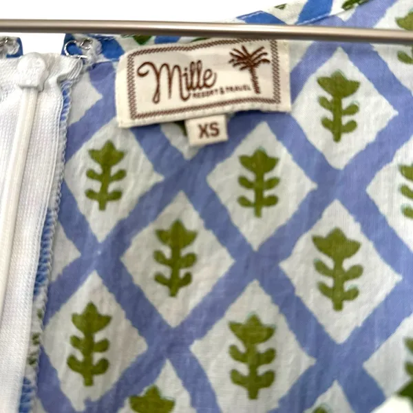 Mille Aneli Blue & Green Block Print Puff Sleeve Mini Dress Size XS - Image 2