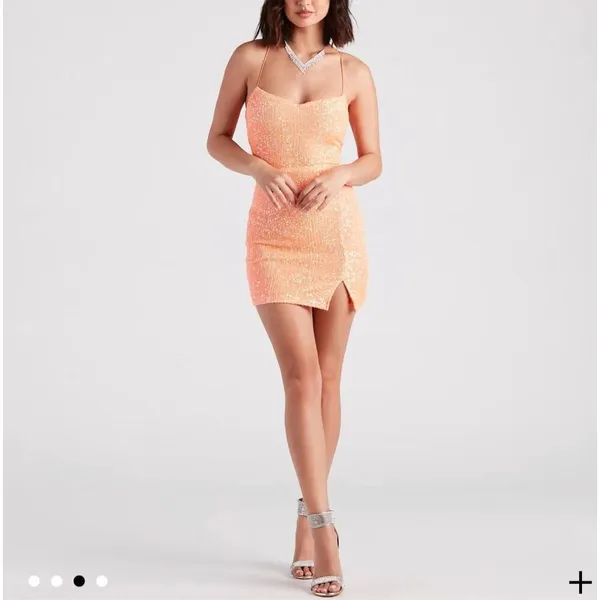 Windsor NWT Dazzle Down Sequin Lace-Up Mini Dress in peach size medium - Image 2