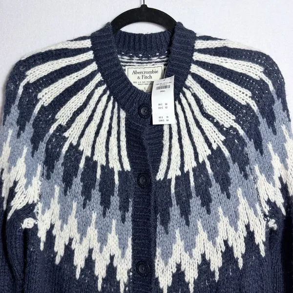 NEW Abercrombie & Fitch Blue Fair Isle Wool Nordic Sweater Cardigan Women's S - Image 6