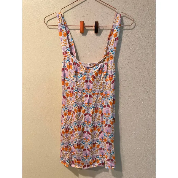 Free‎ People Mini Dress Women XS Multicolor Floral Sweetheart Slit Summer Boho - Image 5