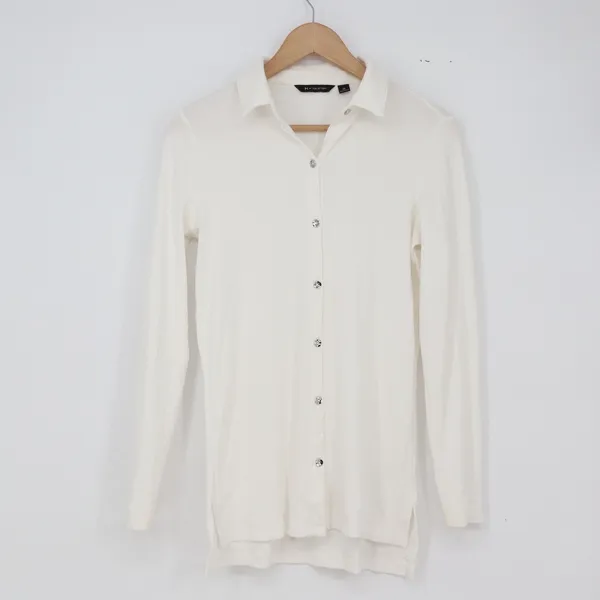 H by Halston Top Women XS White Ribbed Knit Long Sleeve Button-Down Good - Image 2