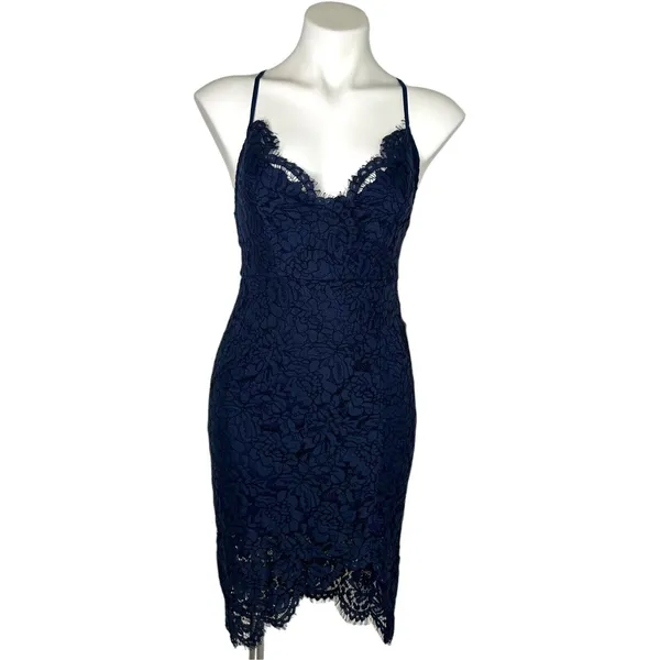 New LULU'S‎ Flirting with Desire Navy Blue Eyelash Lace Bodycon Mini Dress M - Image 2