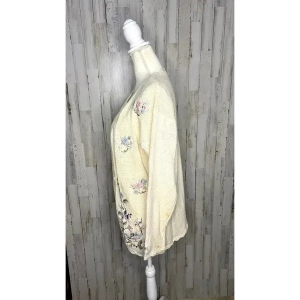 Vintage 80s Crystal Kobe Floral Embroidered‎ Knit Cardigan Beige Women's Medium - Image 5