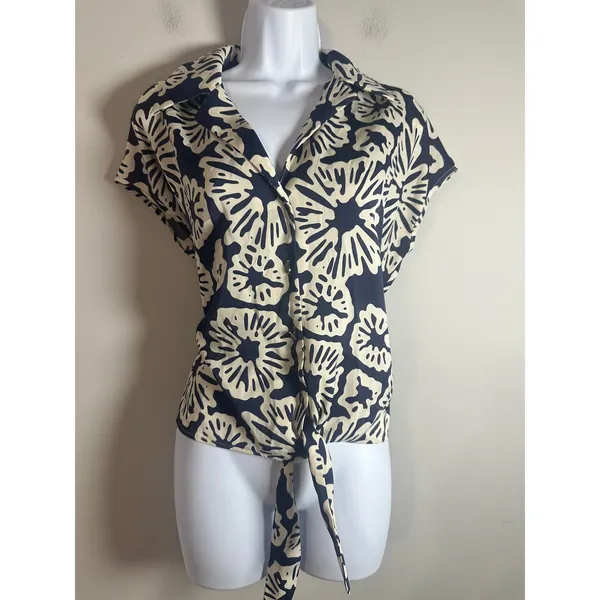 Rachel Zoe Womens Navy Blue Cream Abstract‎ Floral Front Tie Button Blouse Small - Image 2